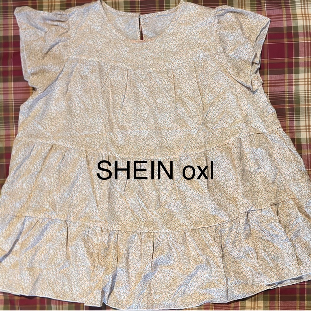 SHEIN Light Blue Micro Floral Tiered Ruffle Blouse